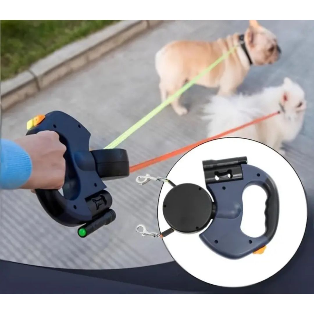 Belro anti-tangle double dog leash with two clips and adjustable straps, designed for easy walking of two dogs at once.