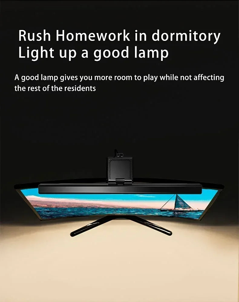 Belro LED monitor light bar mounted on a computer monitor for improved workspace lighting and screen visibility.
