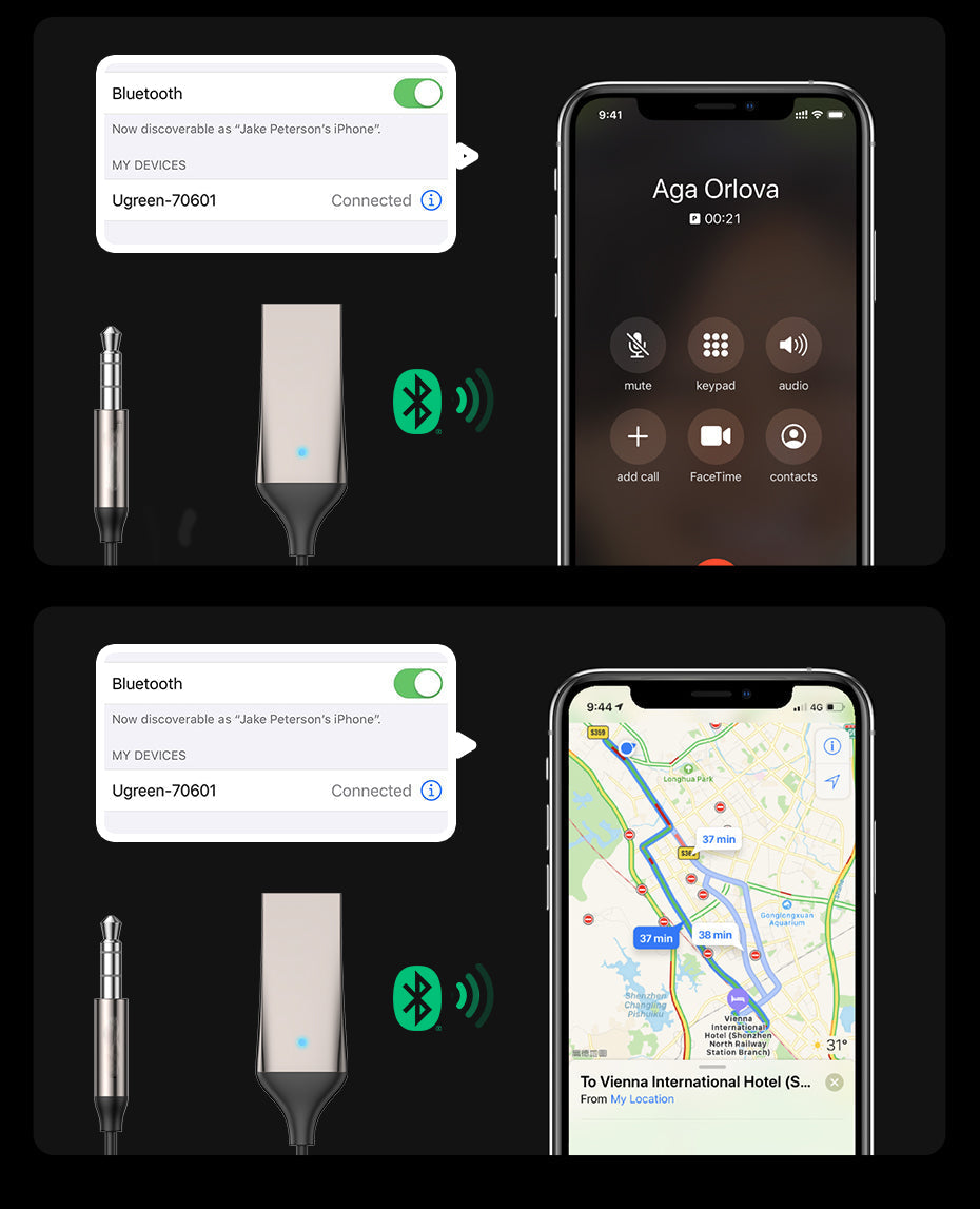 Belro Bluetooth Aux Adapter connected to audio device, compact electronics for wireless audio streaming from smartphones or tablets.