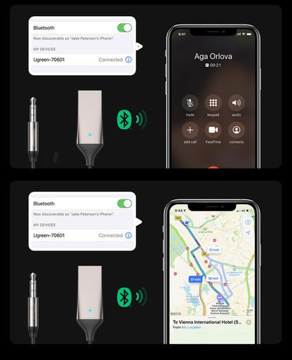 Belro Bluetooth Aux Adapter connected to audio device, compact electronics for wireless audio streaming from smartphones or tablets.