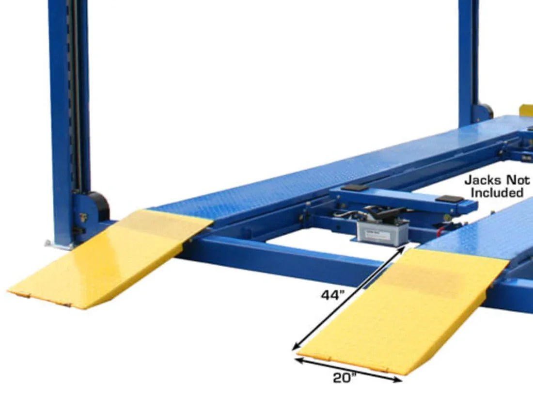 Atlas 412 12,000 lbs Casavibeo commercial 4-post lift with sturdy metal posts and hydraulic lifting system for vehicle maintenance.