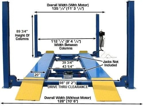 Casavibeo Atlas 412 12,000 lbs commercial 4-post lift with sturdy metal posts and hydraulic lifting arms for vehicle maintenance.