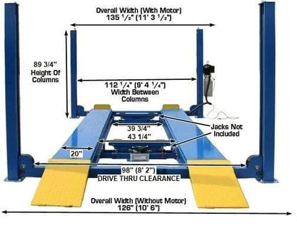 Casavibeo Atlas 412 12,000 lbs commercial 4-post lift with sturdy metal posts and hydraulic lifting arms for vehicle maintenance.