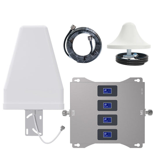 GETDECO quad-band cell phone signal booster for 2G, 3G, 4G, LTE with 850/900/1800/2100MHz, enhancing mobile signal strength.
