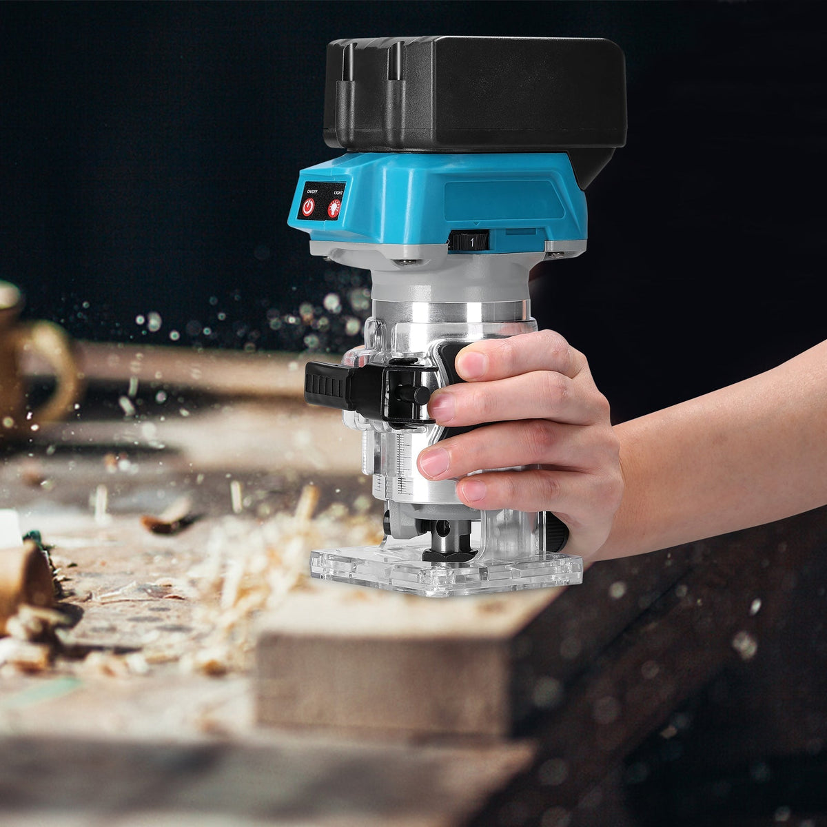 Belro wood router tool with adjustable base and cutting bit, suitable for woodworking and carpentry projects.