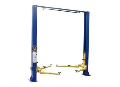 Casavibeo Tuxedo Distributors TP9KACX two-post asymmetric floor lift with clear design, 9000 lb capacity, for vehicle maintenance.
