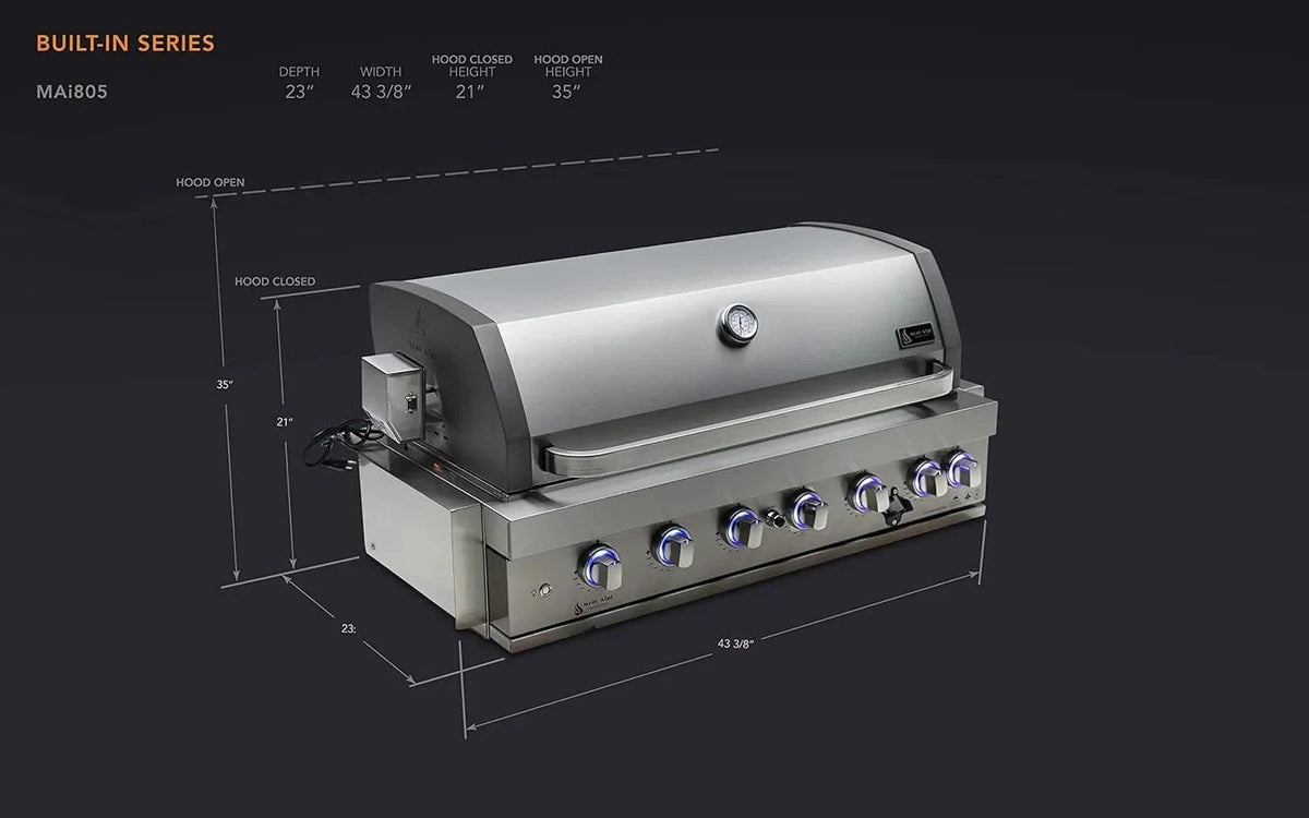 Casavibeo Mont Alpi 805 built-in gas grill with stainless steel burners and side shelves, ideal for outdoor kitchen setups.