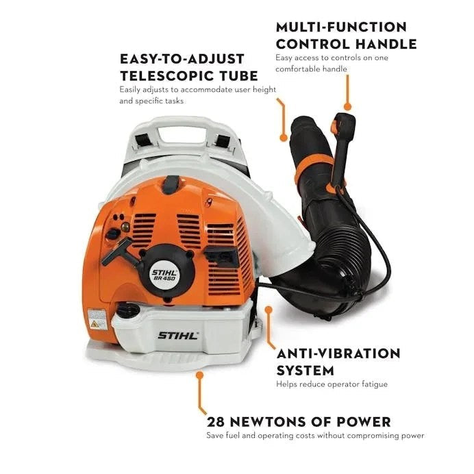 Casavibeo STIHL BR 450 backpack blower with adjustable straps and powerful engine, shown in a detailed close-up image.