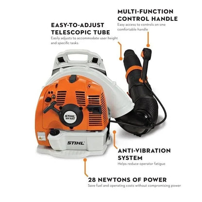 Casavibeo STIHL BR 450 backpack blower with adjustable straps and powerful engine, shown in a detailed close-up image.