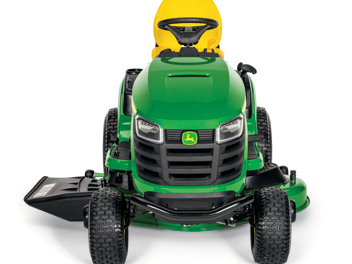John Deere S140 48-inch riding lawn tractor with 22 HP V-twin engine and hydrostatic transmission, shown in the image.