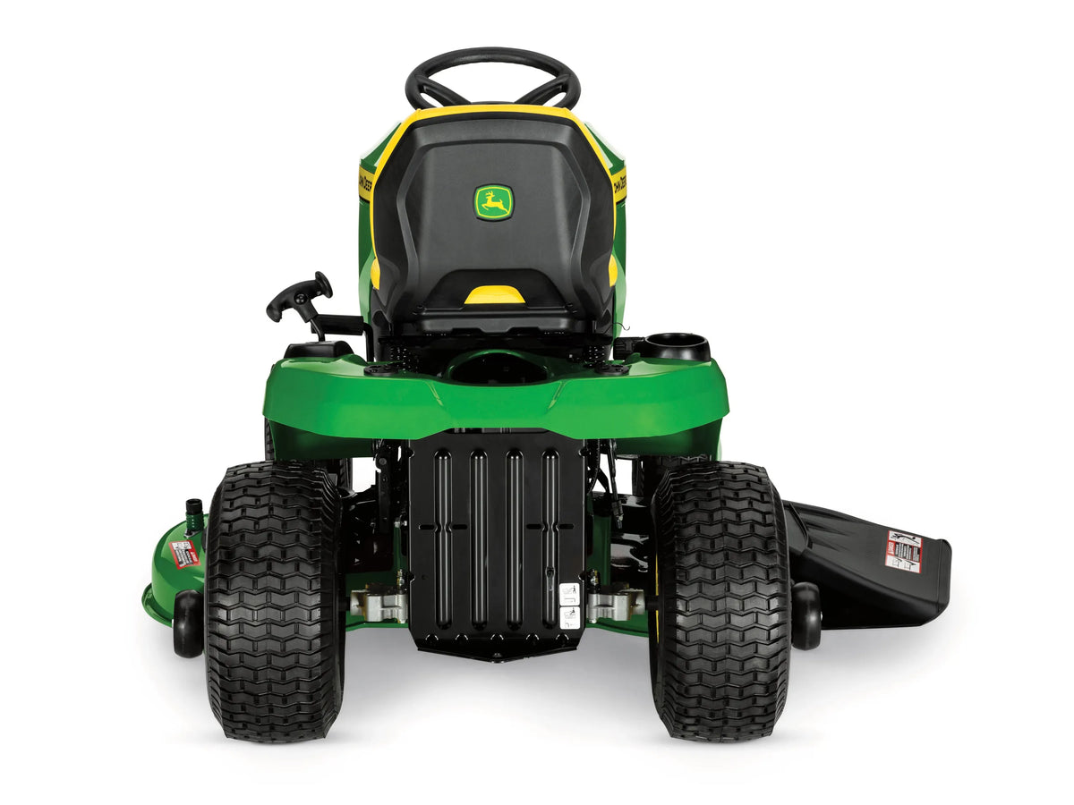 John Deere S140 48-inch gas riding lawn tractor with 22 HP V-twin engine and hydrostatic transmission, shown on a lawn.