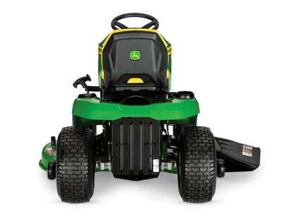 John Deere S140 48-inch gas riding lawn tractor with 22 HP V-twin engine and hydrostatic transmission, shown on a lawn.