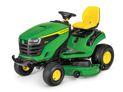 John Deere S140 riding lawn tractor with 48-inch deck and 22 HP V-twin gas engine, featuring hydrostatic transmission and durable design.