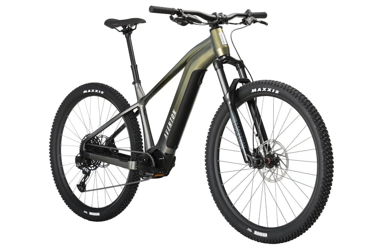 Aventon Ramblas eMTB bike in Borealis color with sleek frame, large tires, and modern design, perfect for urban and off-road riding.