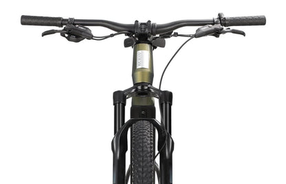 Aventon Ramblas eMTB bicycle with a sleek Borealis frame and modern design, shown in a scenic outdoor setting.