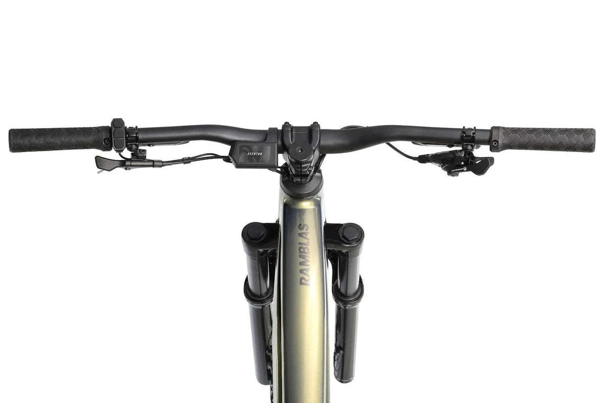 Aventon Ramblas eMTB bicycle with a sleek black frame and mountain bike design, displayed outdoors in a scenic setting.
