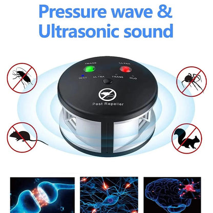 Belro ultrasonic electronic pest control device repels mice, rats, and insects in outdoor home and garden areas.