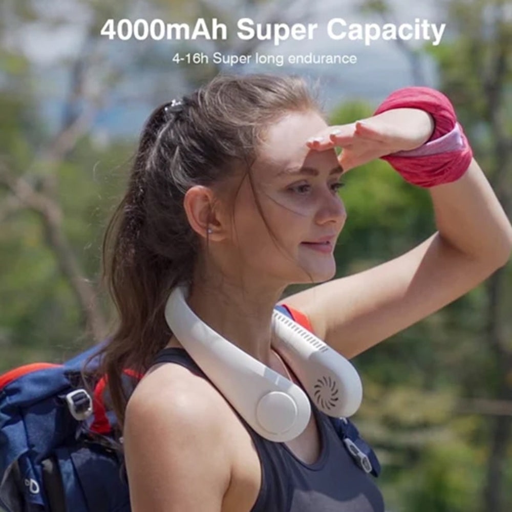 DecorsDeluxe wearable portable neck fan with rechargeable battery, hands-free cooling device for outdoor use.