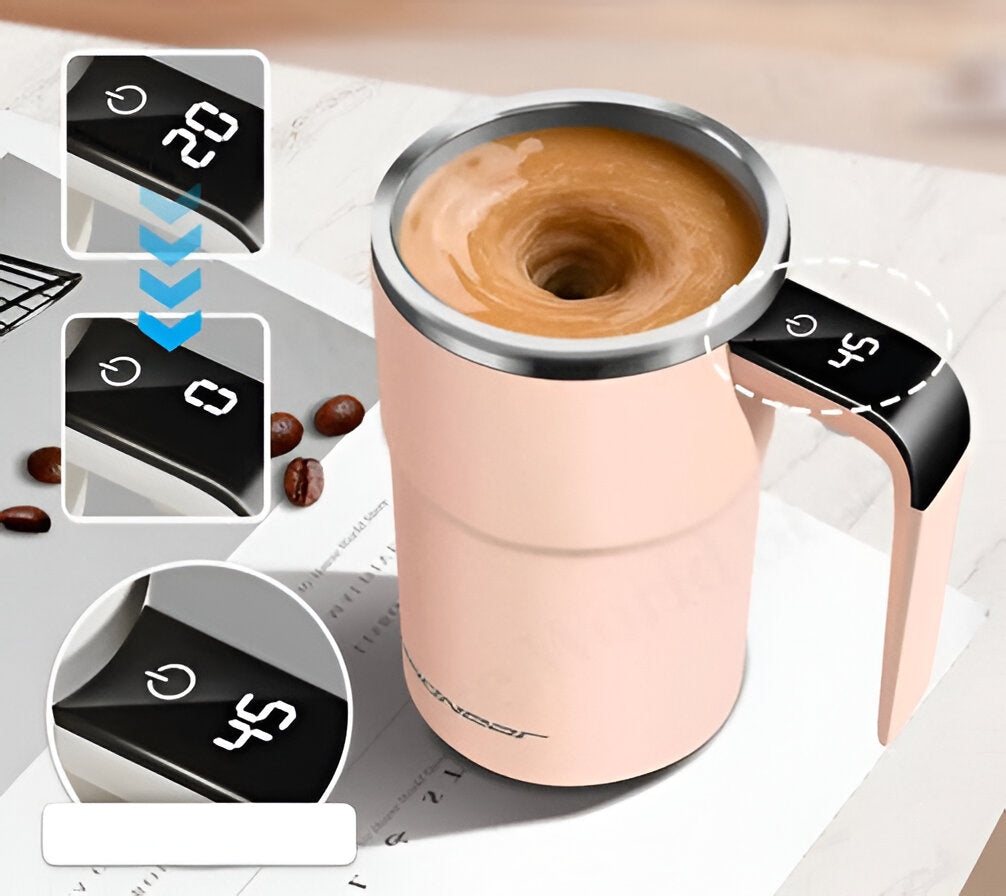 Belro rechargeable mug with built-in stirring mechanism, featuring a sleek design for easy mixing of beverages.