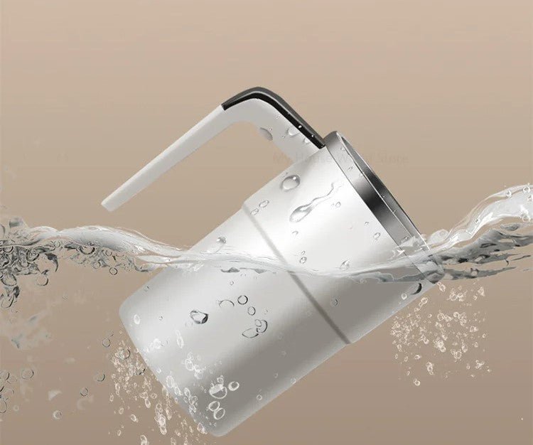 Belro rechargeable self-stirring coffee mug with stainless steel body and built-in magnetic mixer for effortless brewing.