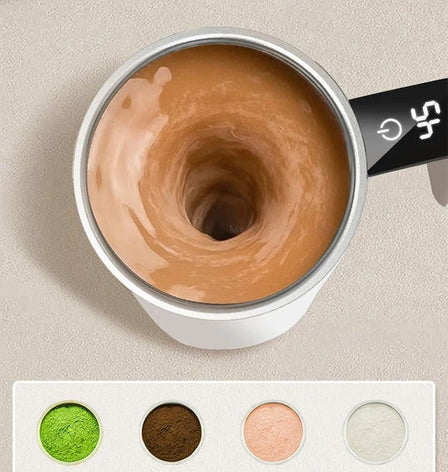 Belro rechargeable self-stirring coffee mug with stainless steel body and magnetic rotation for effortless brewing.