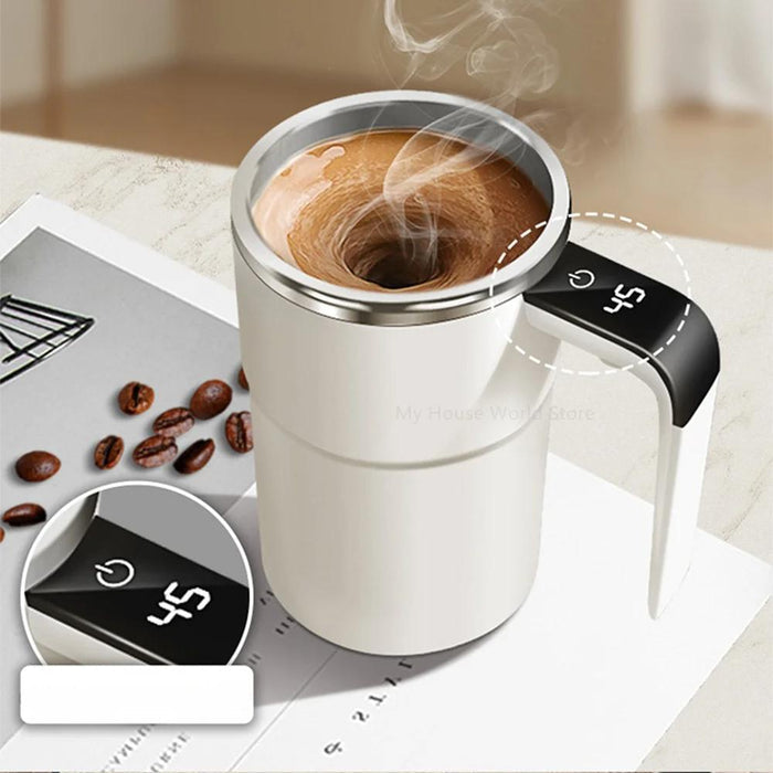 Belro rechargeable mug with built-in stirring, stainless steel electric coffee mug for effortless brewing and portable use.
