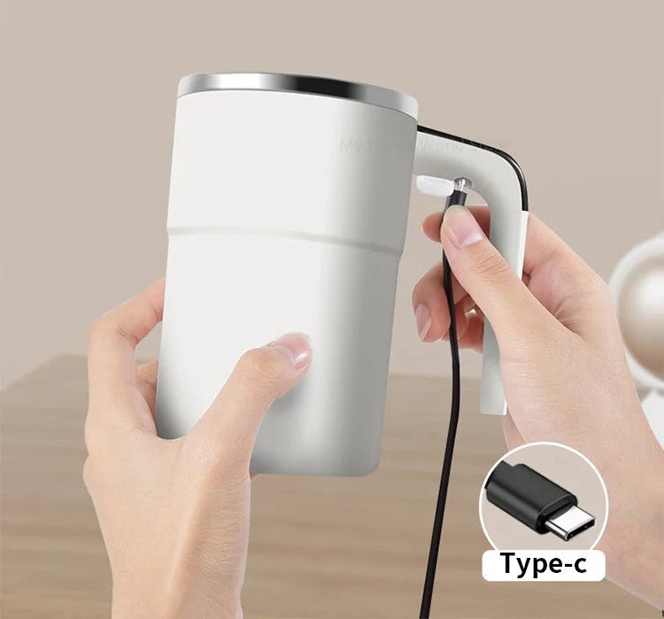 Belro rechargeable coffee mug with built-in stirring mechanism and stainless steel body, portable electric mug for effortless brewing.