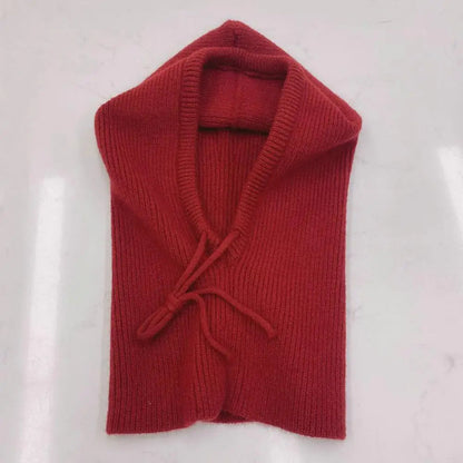 Red knitted Belro hooded balaclava hat with neck warmer, showing the soft, warm fabric and adjustable hood for winter wear.