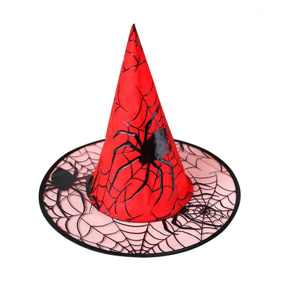 Red Belro Halloween witch hat with colorful spider web design, featuring a pointed tip and decorative web patterns.