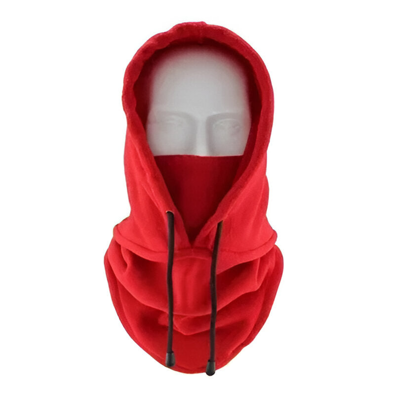 Red Belro polar fleece balaclava mask for winter, full face coverage, warm and comfortable clothing accessory for cold weather.
