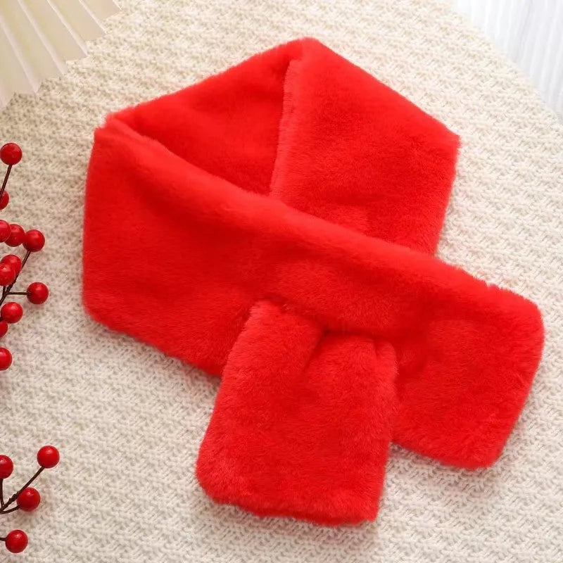 Red faux fur cross collar neck warmer winter scarf by Belro, cozy and stylish accessory for cold weather.