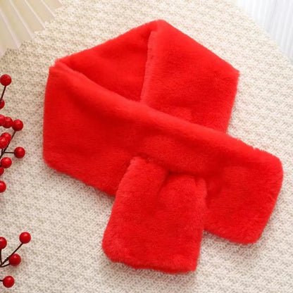 Red faux fur cross collar neck warmer winter scarf by Belro, cozy and stylish accessory for cold weather.