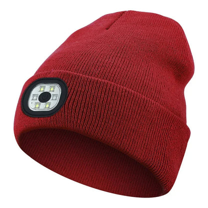 Red Belro rechargeable LED beanie hat with built-in flashlight for winter warmth and hands-free lighting.