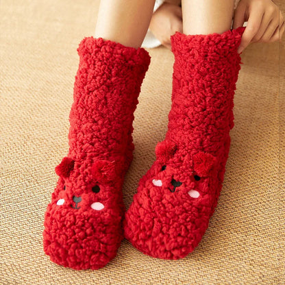 Red kawaii bear fleece warm socks by Belro, soft and cozy footwear with adorable bear design for comfortable wear.