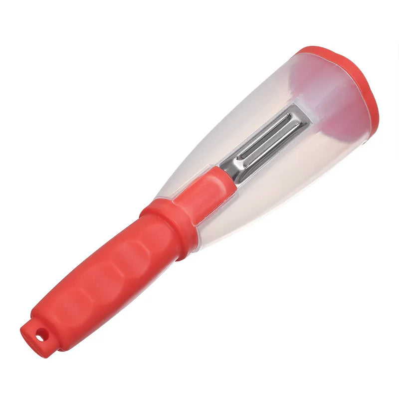 Red Belro multifunction apple and vegetable peeler with storage tube, kitchen appliance for easy peeling and storage.