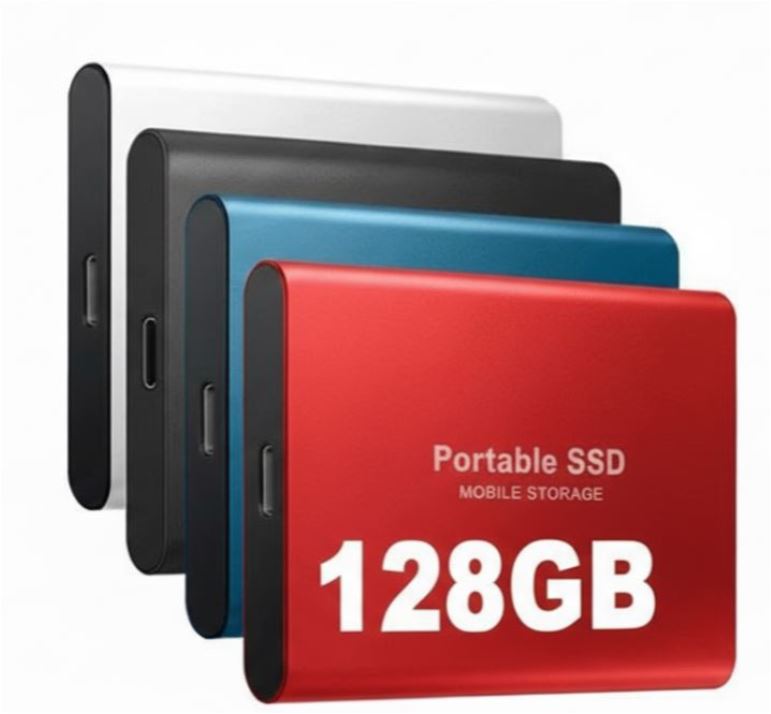 Red BowLift external SSD 128GB with USB-C port, fast 1050 MB/s portable storage device shown in the image.