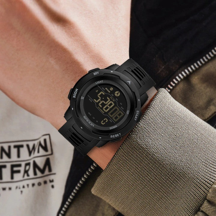 BowLift military waterproof pedometer watch displaying digital step count, distance, and outdoor activity metrics.