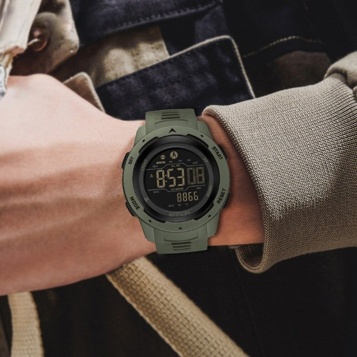 BowLift military pedometer watch displaying digital steps counter, waterproof design, and outdoor activity tracking on a digital screen.