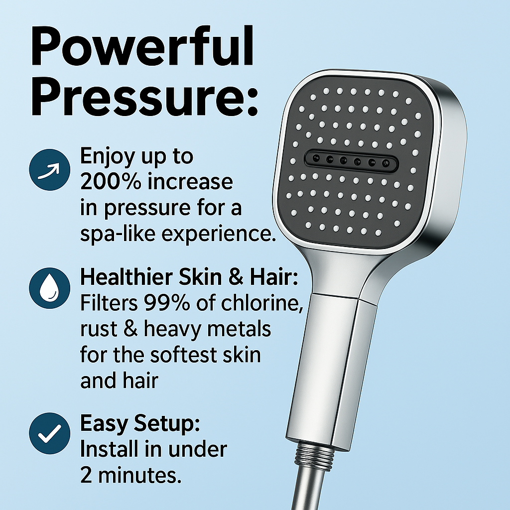 BowLift High-Pressure Shower Head with Turbo Boost Technology and Water Filtration, showing chrome finish and adjustable spray settings.