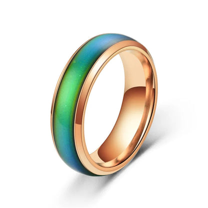 Rose gold stainless steel mood ring from Belro, showcasing its colorful changing gemstone and sleek jewelry design