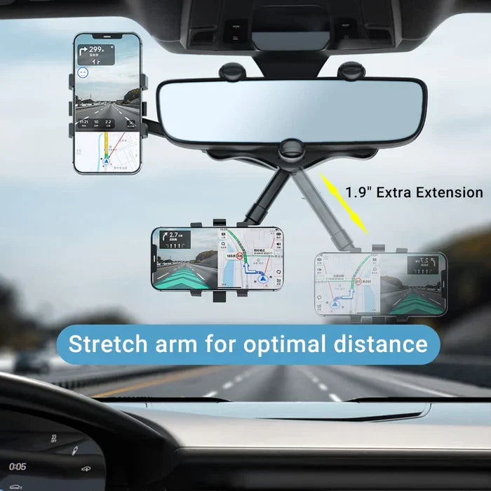 Belro rotatable and retractable 360-degree rear view mirror car phone holder mounted on a vehicle mirror.