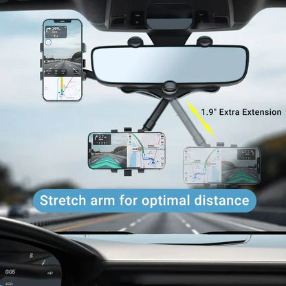Belro rotatable and retractable 360-degree rear view mirror car phone holder mounted on a vehicle mirror.