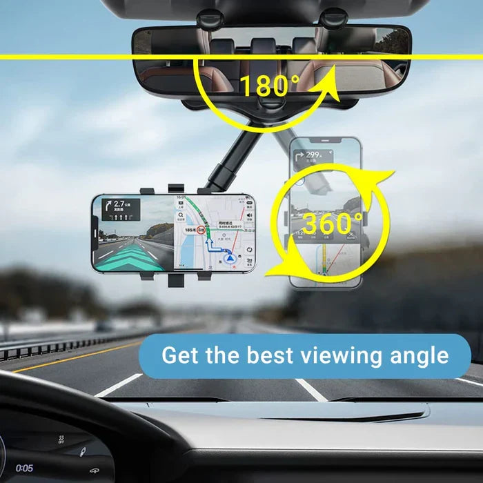 Belro rotatable and retractable car phone holder mounted on rearview mirror, 360-degree view for easy access and secure grip.