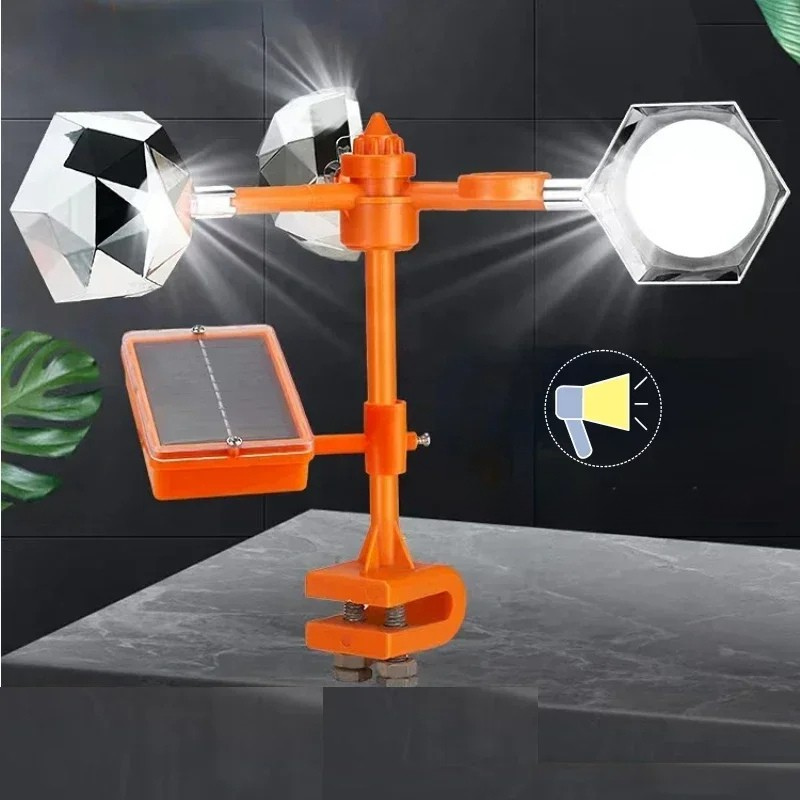 Belro 360-degree reflective solar-powered bird repeller with rotating movement for garden bird deterrence and outdoor decor.