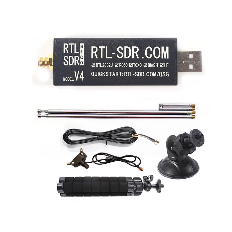 GETDECO RTL-SDR Blog V4 Software Defined Radio receiver with dipole antenna kit, covering 500 kHz to 1.7 GHz for radio scanning.