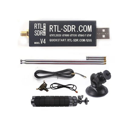 GETDECO RTL-SDR Blog V4 Software Defined Radio receiver with dipole antenna kit, covering 500 kHz to 1.7 GHz for radio scanning.