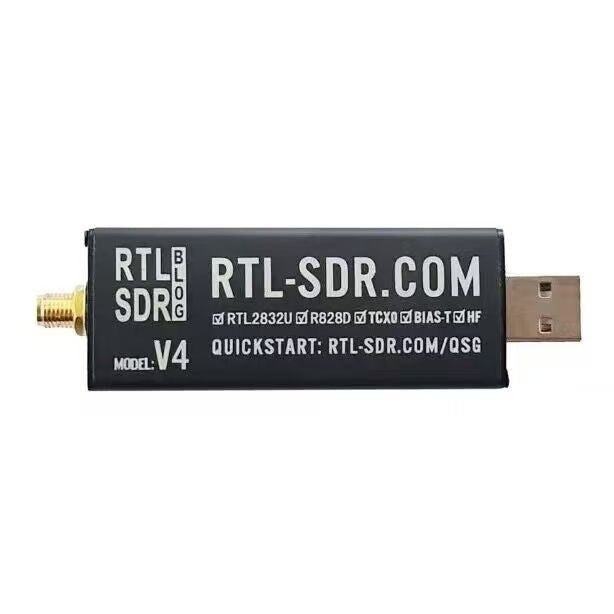 GETDECO RTL-SDR Blog V4 Software Defined Radio receiver with dipole antenna kit, covering 500 kHz to 1.7 GHz for radio scanning.