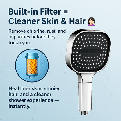 BowLift high-pressure shower head with Turbo Boost technology and water filtration, showing the sleek, modern design of the shower head.