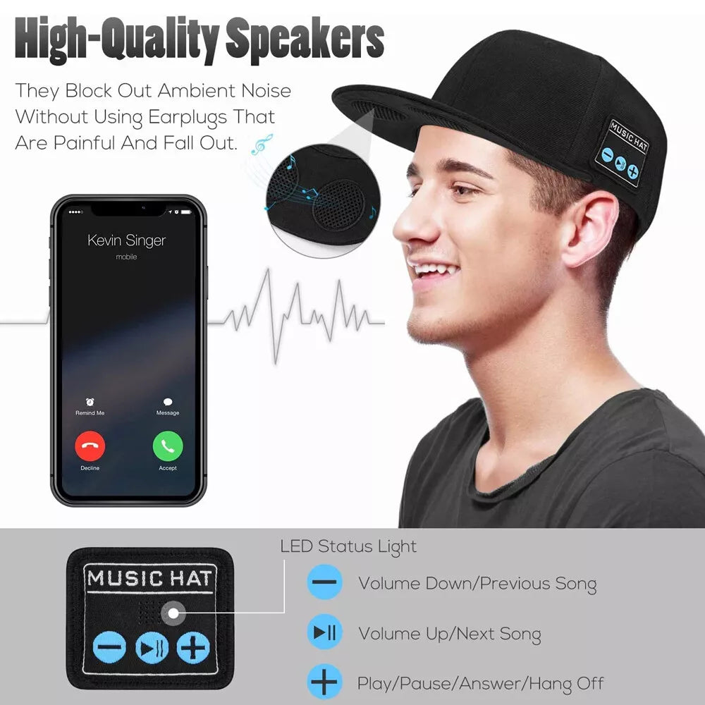 Belro Bluetooth speaker baseball cap with wireless earbuds, waterproof design, stylish outdoor accessory, black cap with built-in audio.