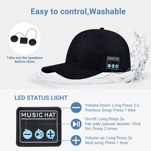 Belro Bluetooth speaker baseball cap, wireless and waterproof, showing the stylish cap with built-in audio speaker and adjustable strap.